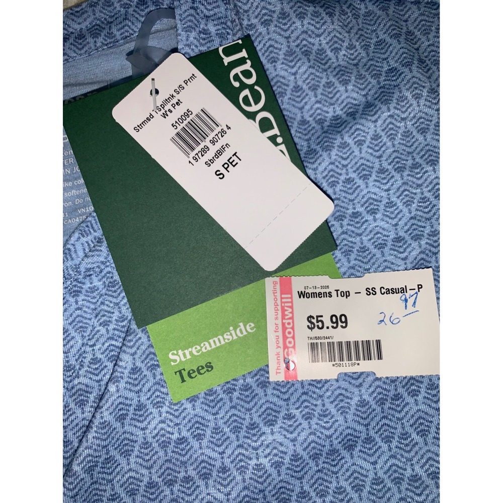 L.L.Bean Streamside‎ Tee Womens Small Petite Blue Geometric Split Neck SS Hiing